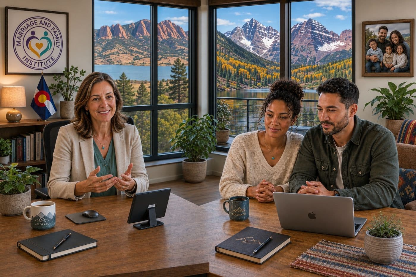 A couple in a telehealth video session with their MFI therapist
